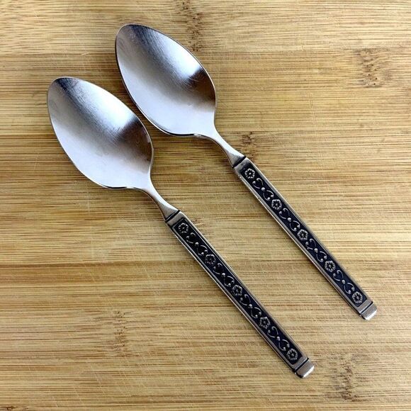 Gorham Hacienda 2 Oval Soup Spoons Stainless Steel Flatware Floral Vtg 1960s - Picture 1 of 4